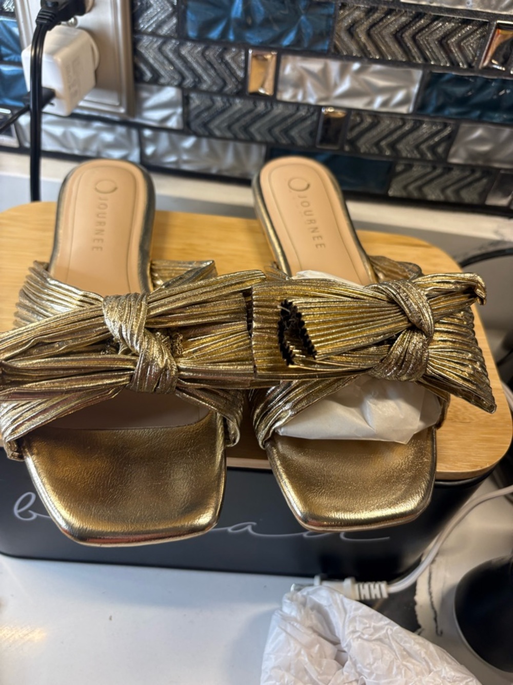 Journee Collection Metallic Gold Knotted Slide Mules